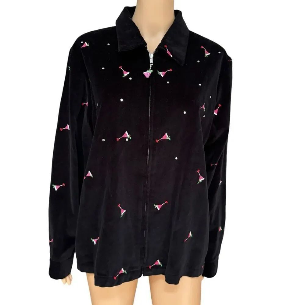 Quacker Factory Christmas Martini Embroidered Zip Black Cotton Jacket size M